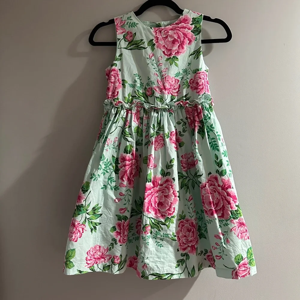 Gymboree Girls Floral Dress Aqua Pink Peony Ruffle Sleeveless Party Size 10